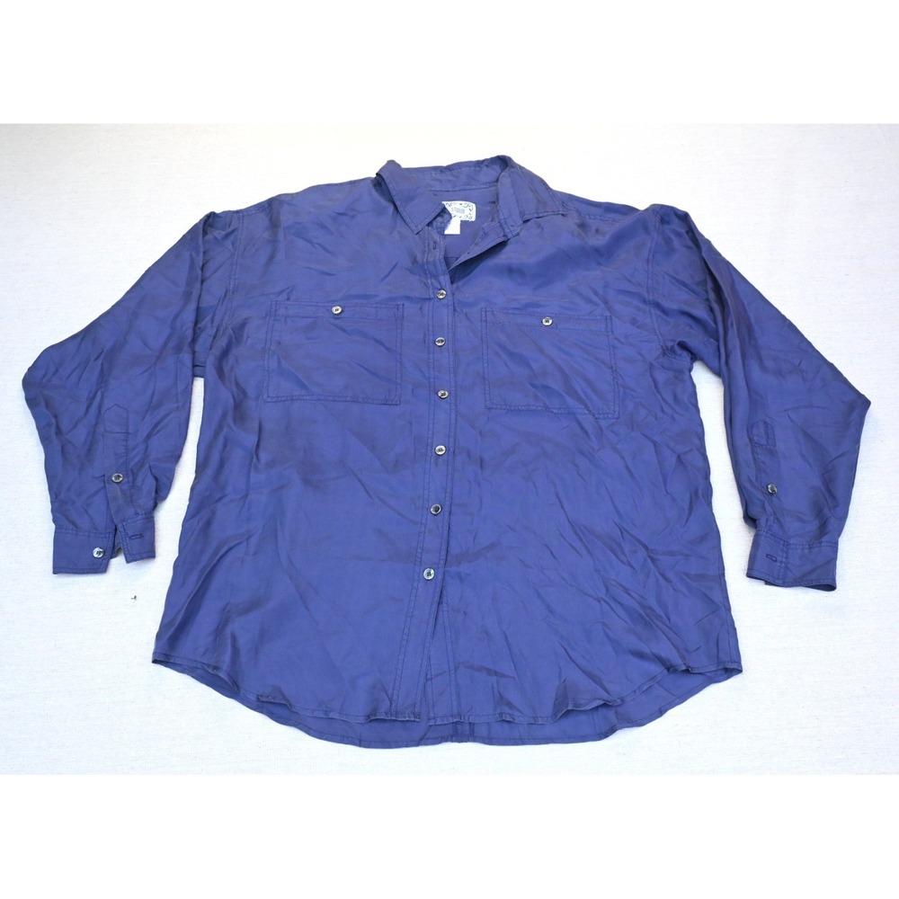 Leena Studio Vintage Womens M 100% Silk Button Up Shirt Navy Boxy Pockets Sleek